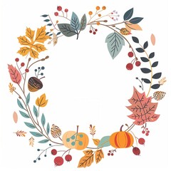 Fototapeta premium hand drawn hello autumn wreath made of colorful leaves, berries, branches, acorns and pumpkins