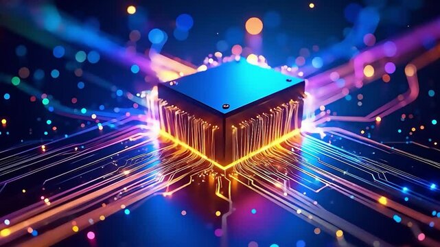High tech computer chip with glowing circuits showcasing advanced technology and data flow for processing