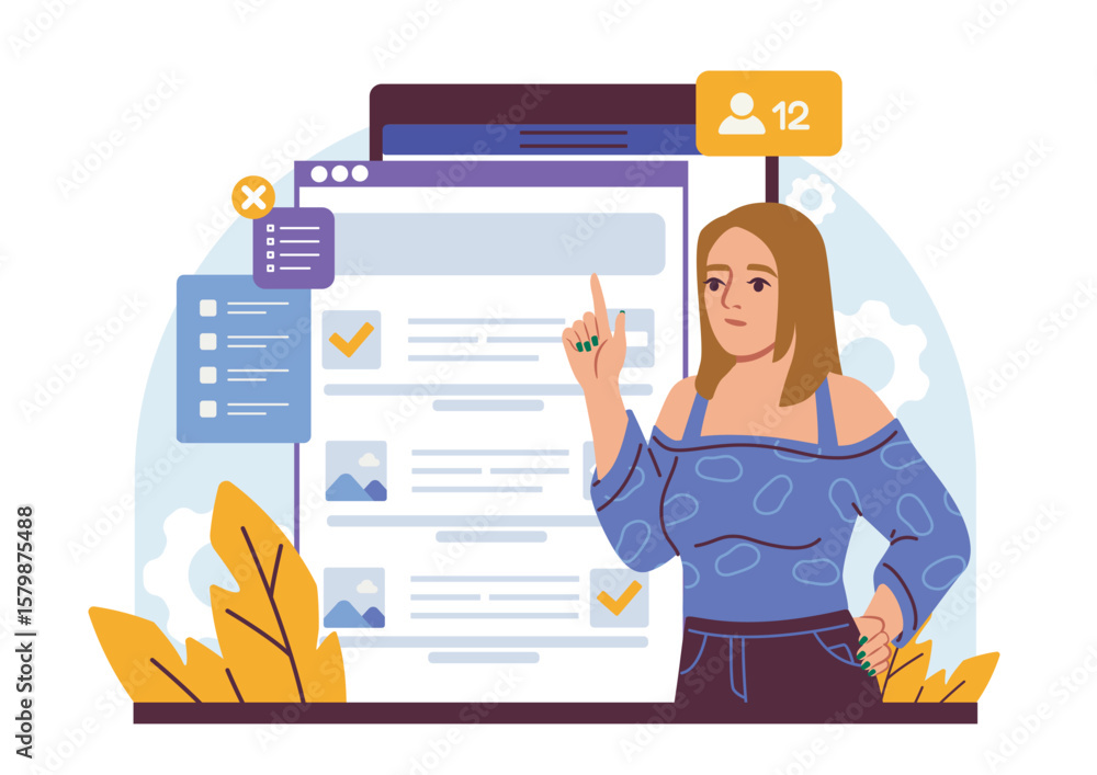Poster a woman interacting with a digital interface showing a task list and user notifications, drawn in fl