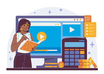 Woman holding notebook and pen in front of a computer screen showing video lessons, surrounded by calculator, coins, and books on white background. Concept of online education. Vector illustration