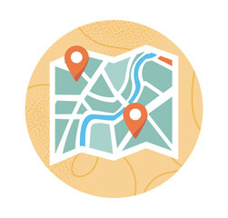 Folded city map with river and streets, marked with red location pins, flat graphic style, placed on round yellow textured background. Concept of navigation. Vector illustration