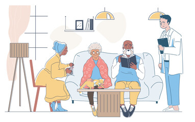 Elderly people relaxing with a doctor and caregiver in a cozy lounge, one knitting, one reading, one with a cat. Flat cartoon style on white background. Concept of senior care. Vector illustration