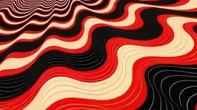 psychedelic wave background, retro vinyl loop, bold zigzag motion, high contrast vector loop, seamless wave pattern, red black off-white background, retro wave animation, psychedelic vector motion, 4K