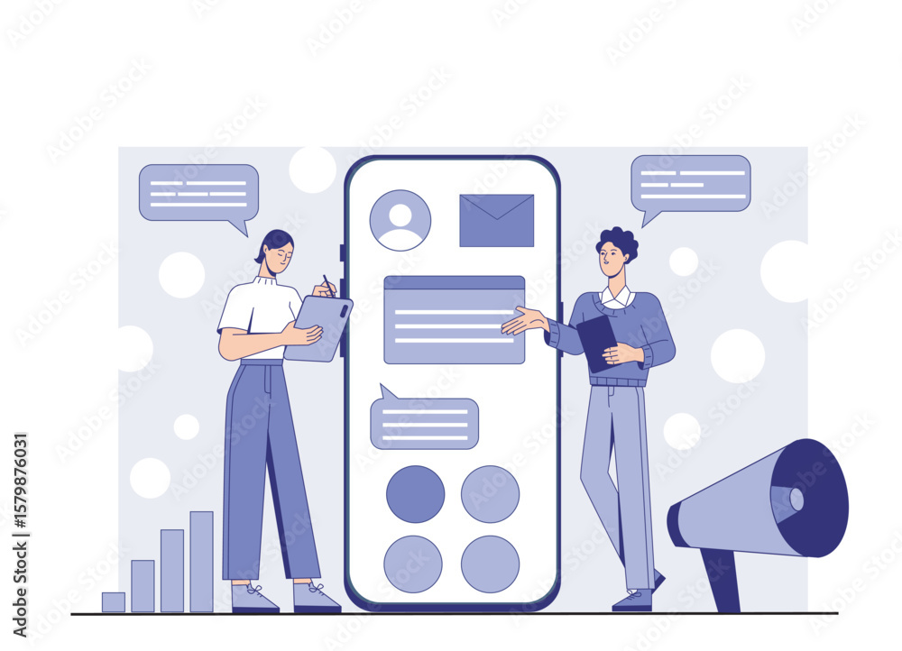 Poster two people analyzing and planning a mobile app interface with charts, speech bubbles, and devices on