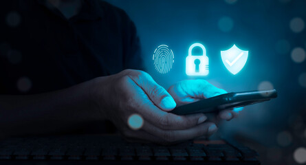 Cyber security concept, man using smartphone accessing privacy data via security application.