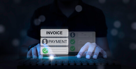 Man using laptop to manage electronic statements on virtual screen. E-tax, Digital receipt, Online invoice processing and tax accounting solutions. E-Invoice and Digital billing concept.