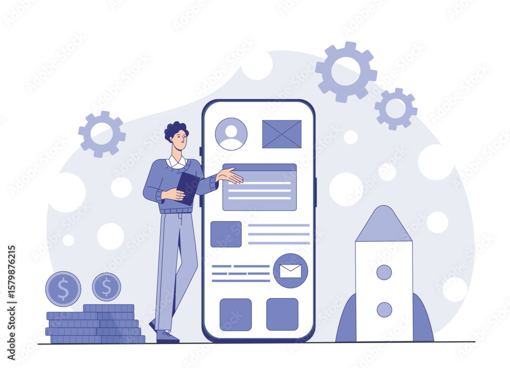 Poster a man stands next to a large smartphone screen interface with icons, charts, and ui elements on a li
