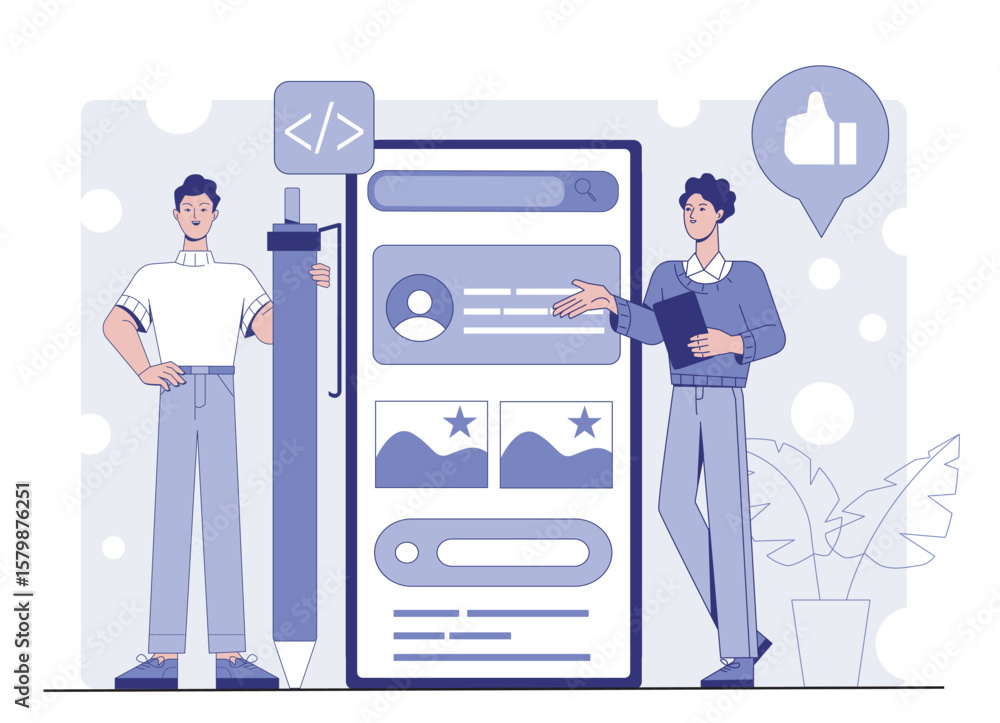 Poster two people collaborating on mobile interface design with coding and ui elements on screen, flat grap