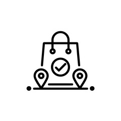A shopping bag with a checkmark and two location pins indicating delivery destinations icon