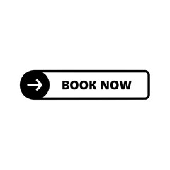 A rectangular book now button with rounded edges and a black arrow on a gray background
