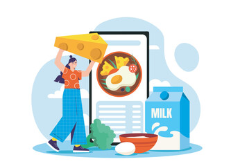 Woman lifting cheese above her head, with milk carton, egg, yogurt bowl and a food menu on smartphone screen, flat cartoon style. Concept of healthy dairy consumption. Vector illustration