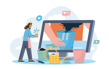 A woman holding a plant pot watches an online gardening tutorial on a computer screen, surrounded by tools and watering can, on a white background. Vector illustration