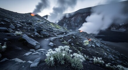 Volcanic landscape with smoke rising from vents, featuring rocky terrain and small white flowers in the foreground.
