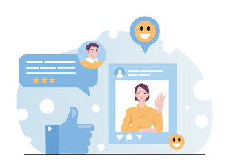 Woman waving in social media post with smiling emojis, male avatar giving review stars, thumbs up symbol, flat graphic style, on white background. Concept of online feedback. Vector illustration