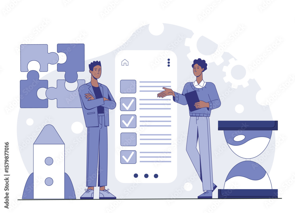Poster two people discussing project checklist with icons of puzzle, rocket, and hourglass in modern flat s