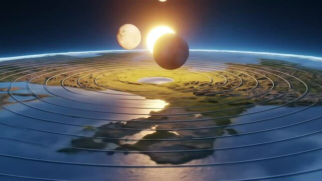 Flat earth theory conceptual illustration sun moon night day and disk 3 d model imagery educational cosmology alternative world view