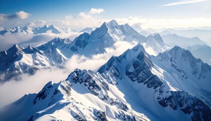 Naklejka premium Snowy mountain peaks above clouds