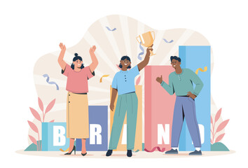 Fototapeta premium Three diverse people celebrating a victory on a winner podium, holding a trophy, with confetti and abstract background. Concept of teamwork and success. Vector illustration