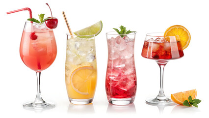 Ultra-HD, hyper-detailed 32K close-up of four colorful tropical cocktails in elegant glassware, each with crystal-clear ice, vibrant liquid, and realistic garnishes. Ideal for premium advertising .