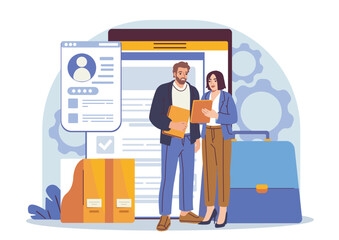 Two business professionals analyzing resumes on digital devices, modern flat style, with office elements and gear icons on a white background. Concept of recruitment. Vector illustration