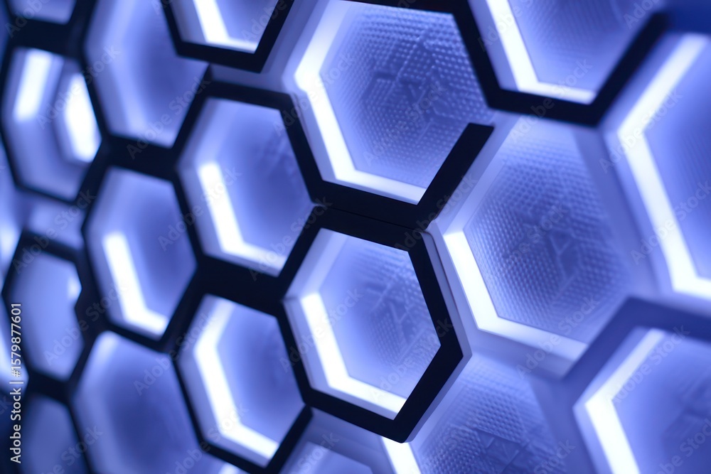 Poster led panel with hexagonal pattern, illuminated by led grids, offering a bold, modern appearance.