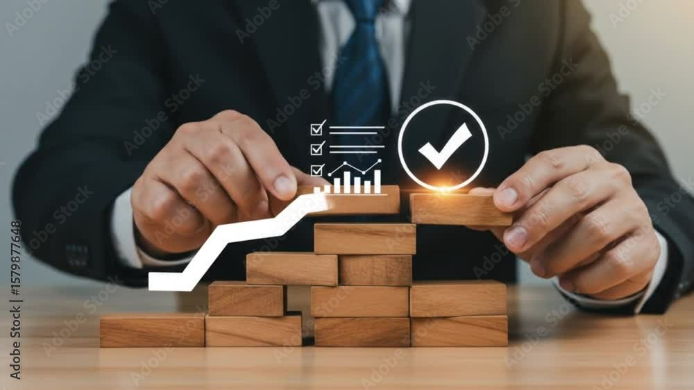 Poster a person in a suit placing a wooden block on top of a stack with a checkmark and chart overlayed
