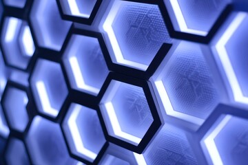 LED panel with hexagonal pattern, illuminated by LED grids, offering a bold, modern appearance.