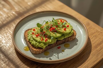 Avocado toast with greens and red pepper flakes on a ceramic plate, bathed in sunlight on a wooden table.