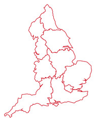 Red Outline England Map with District Borders Europe Country