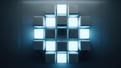 3D LED panel icon featuring square LED lights arranged with glowing blue tones.