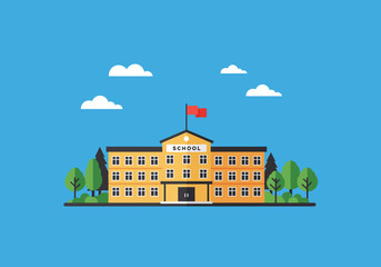 Naklejka premium School Building Flat Vector Illustration with Blue Sky and Clouds for Education and Learning Resources