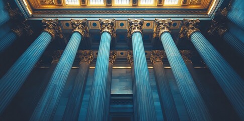 Grand Historic Building Interior with Tall Blue Columns and Ornate Ceiling