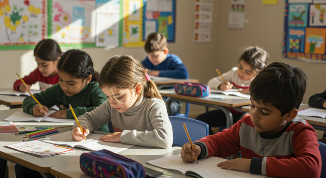 Teacher helps elementary school children with their studies in a bright classroom