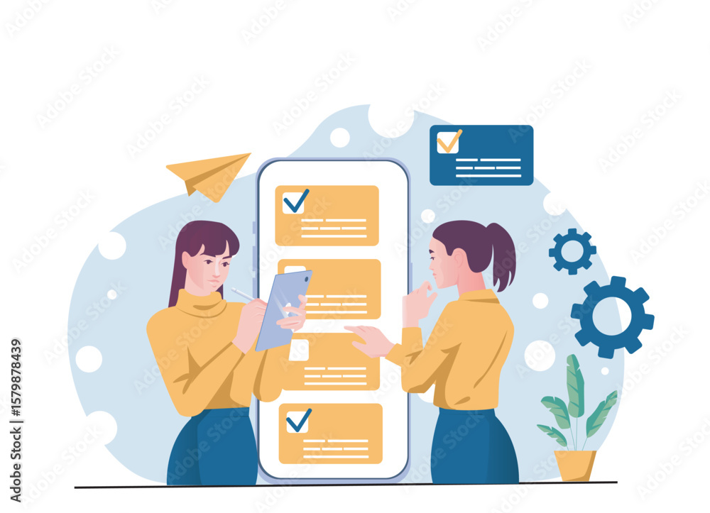 Poster two women collaborating on a digital checklist displayed on a large smartphone interface, flat style