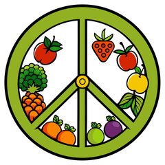 Creative peace symbol art made from a vibrant assortment of fresh fruits and vegetables isolated on white background