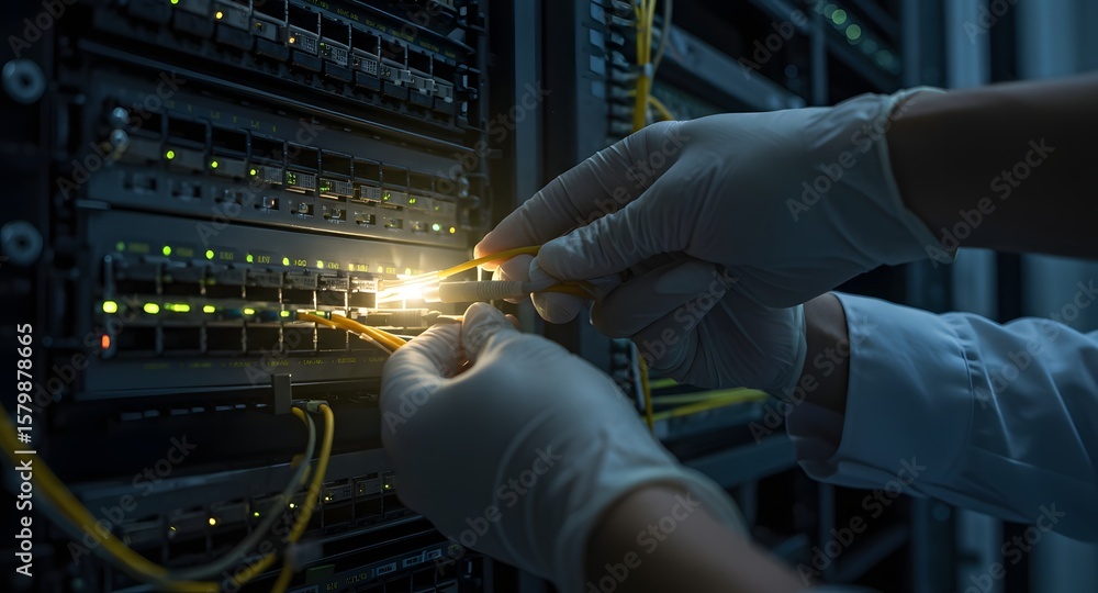 Poster data center technician: a technician meticulously handles fiber optic cables within a server rack, s
