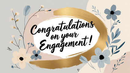 engagement card in pastel tones, delicate minimal floral motifs in beige and dusty blue, bold gold paintbrush stroke with big handwritten script "Congratulations on your engagement!"