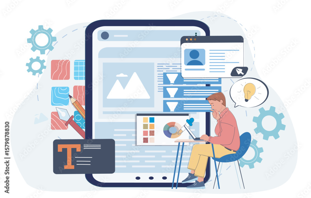 Poster man working on user interface design with graphic tools, color palette, and layout elements on digit