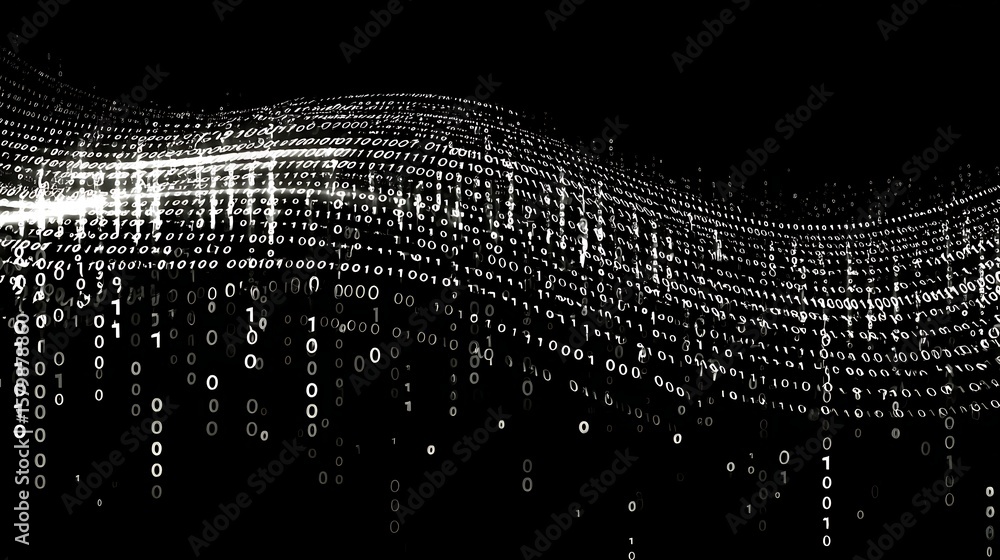 Poster binary code flowing on black background