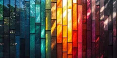 Colorful Rainbow Brick Wall Pattern with Sunlight Shadows