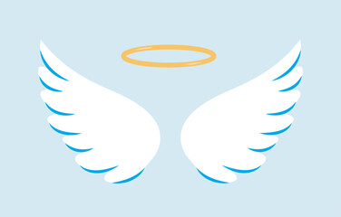 Fototapeta premium White angel wings and golden halo icon in flat graphic style on a light blue background, symbolizing purity, divinity, and spirituality. Vector illustration