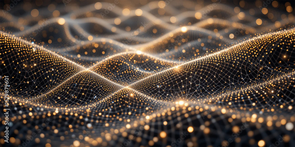 Poster a minimalist mesh pattern full of glowing dots in a line style viewed from an aerial perspective