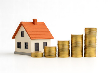 A high-resolution digital photograph of a realistic miniature house with an orange roof, placed beside ascending stacks of gold coins. Shot on a pure white background with professional studio lighting