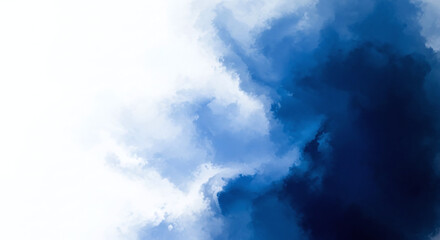 A dynamic abstract painting featuring a blend of light blue and dark blue hues with white space on left