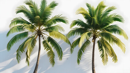 A realistic, high-resolution photograph of two mature coconut palm trees