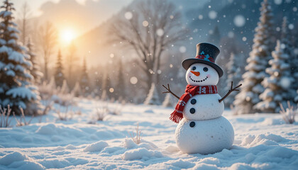 Fototapeta premium Panoramic view of happy snowman in winter landscape