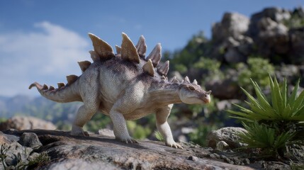 Realistic stegosaurus in natural habitat with rocky terrain and greenery