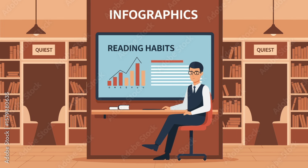 Poster data visualization and reading trends in a cozy library setting