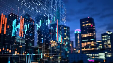 Vibrant city skyline at dusk with digital financial graphs overlay showcasing market trends - Powered by Adobe