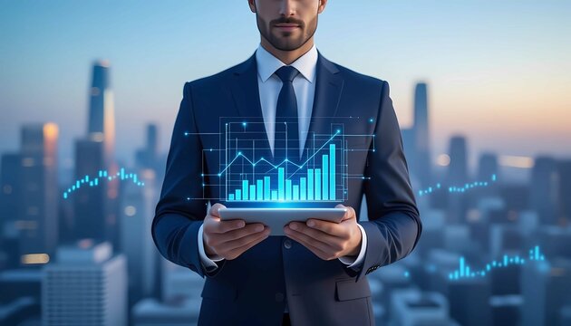 Businessman holding tablet with financial chart, digital graph, investment data, growth, and futuristic technology